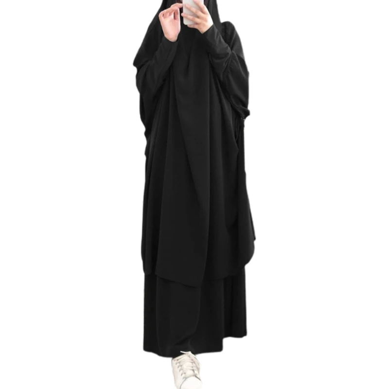

Women 2pcs Muslim Prayer Dress Long Sleeve Hijab Khimar Skirt Set Abaya Kaftan