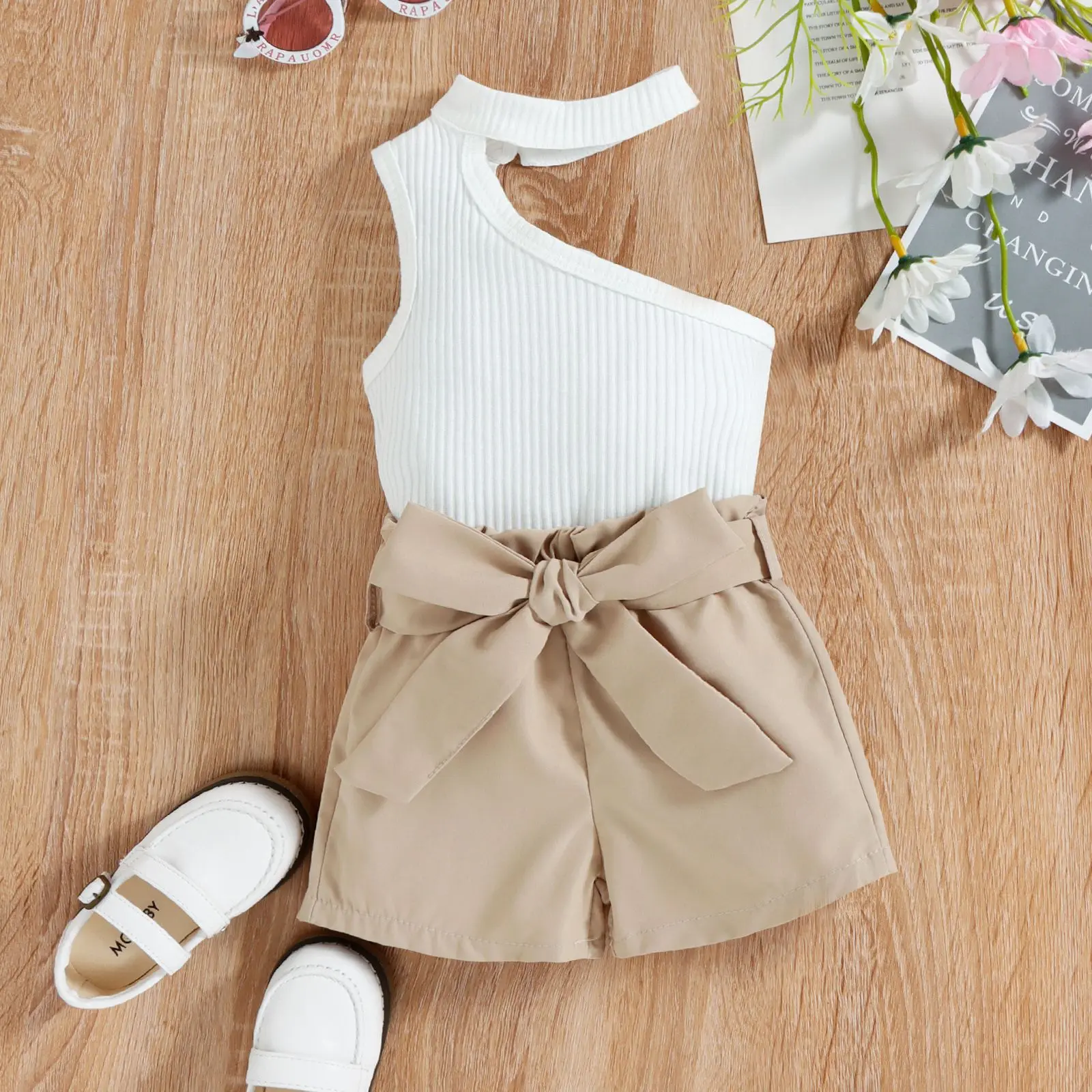 

Toddler Clothing Sets Baby Clothes For Girls Children Solid Slanted Shoulder Halterneck Top + Bow Shorts 2pcs Set Kids Outfits