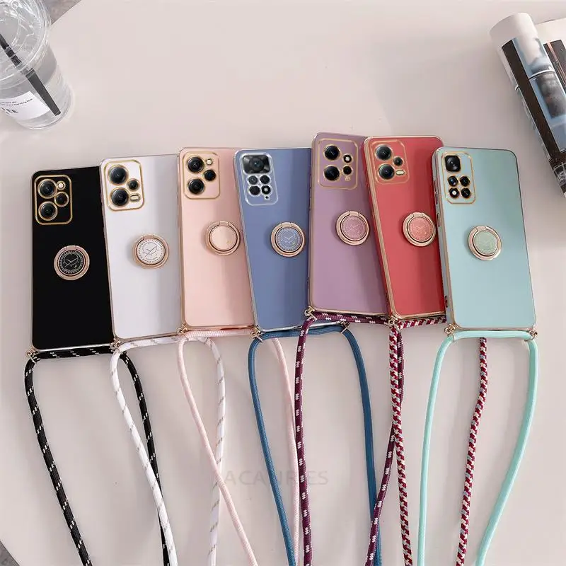 

Plating Ring Holder Cord Strap Crossbody Lanyard Case For Xiaomi Redmi Note 12 11 Pro Plus 4G 5G Square Cover On Note10 12s 11s