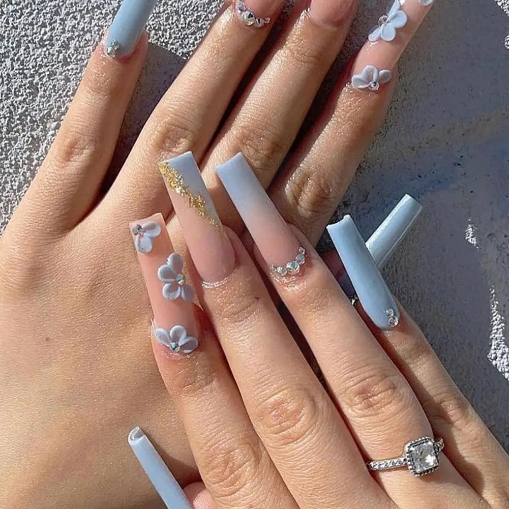 

Fake Nail Patch Nail Tips Blue Gradient Flower Beveled Nail Coffin Long Nail Patch French Detachable Edge Decorations Art X3r7