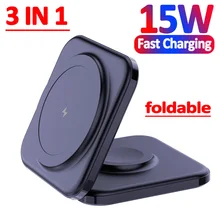 15W 3 in 1 Magnetic Wireless Charger Foldable Phone Holder Stand for iPhone 14 13 12 Apple Watch Airpods Fast Charging Station 