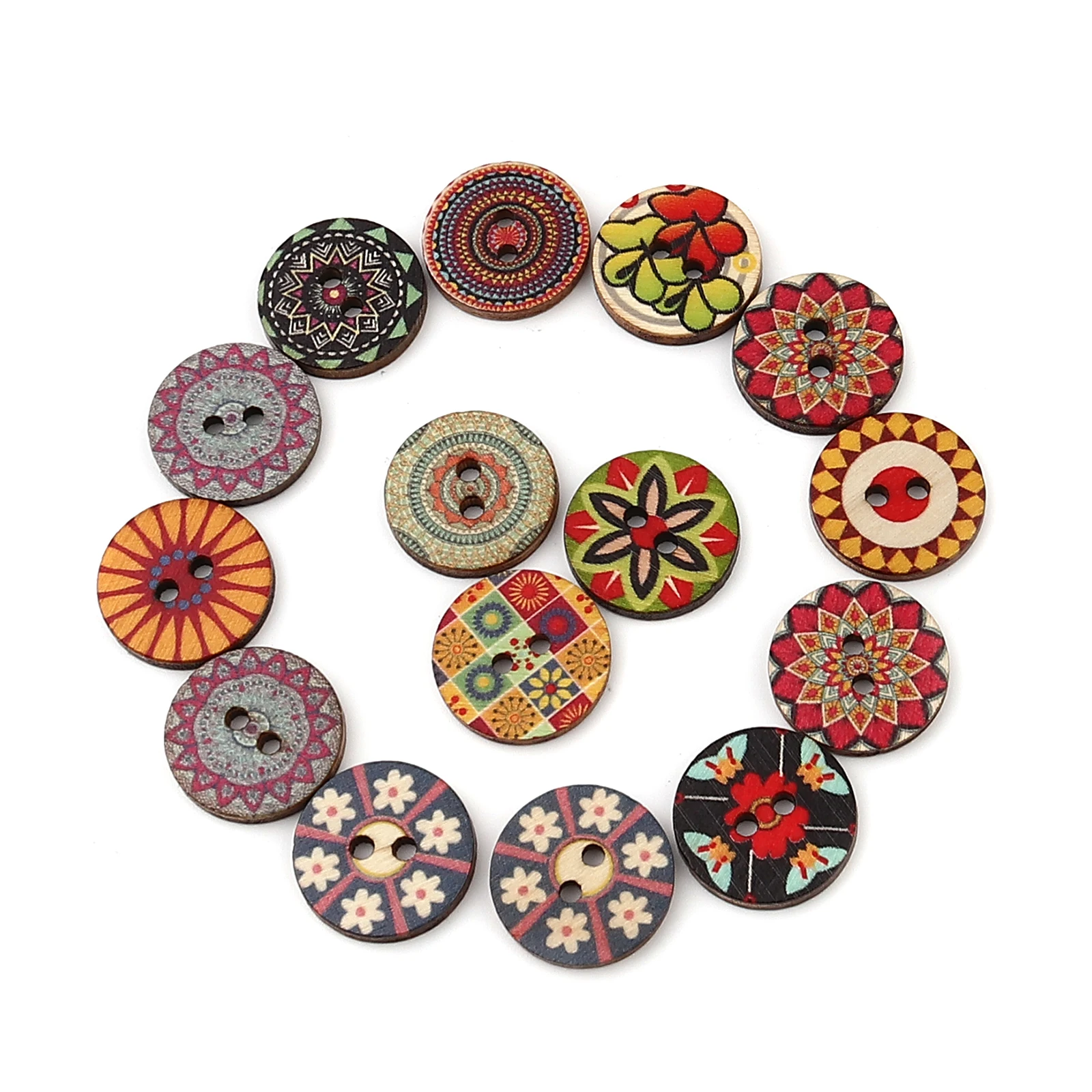 100 PCs 20mm 25mm Dia. Wood Buddhism Mandala Sewing Buttons Scrapbooking Two Holes Round Multicolor Flower  For DIY Craft Making