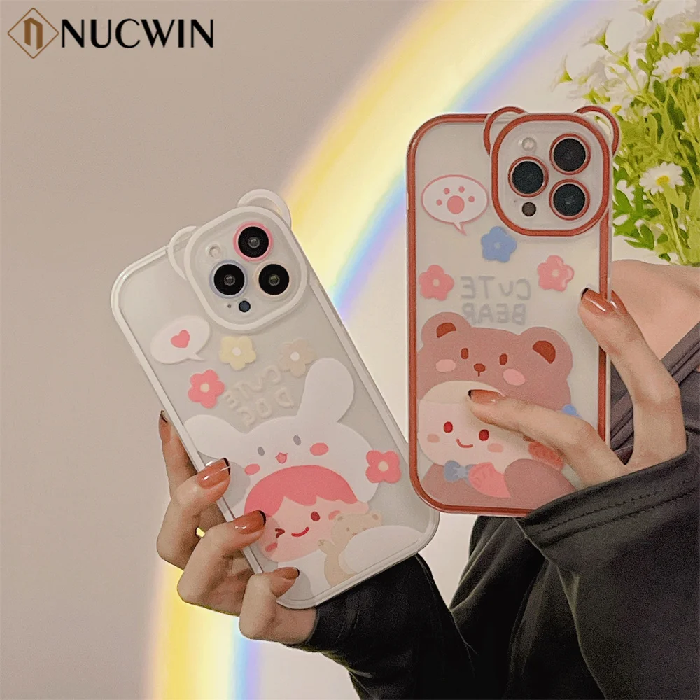 

Cute Cartoon Bear Ear Case for iPhone 13 12 11 Pro Max X Xr Xs Rabbit Flower Camera Protection Soft Silicone Shockproof Cover