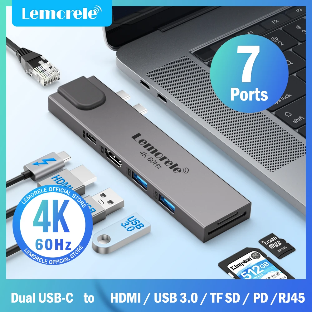 

USB-концентратор Lemorele 7 в 2, 4K @ 60 Гц, HDMI, 3,0 Вт