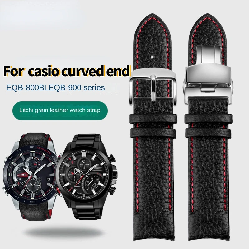 

High quality Curved end Litchi grain cowhide watchband For Casio EDIFICE EQB-800BL EQB500 EQB501 EQB900 leather watch strap 22mm