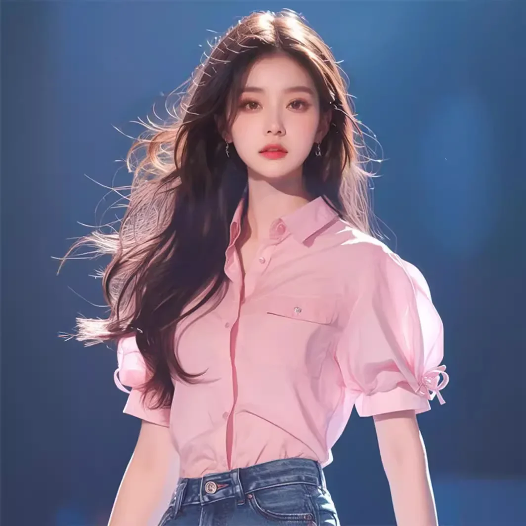 Chic Pink Bubble Sleeve Shirt Women's Summer New Style Button Decorated Casual Fashionable Top for Ladies in 2022 |