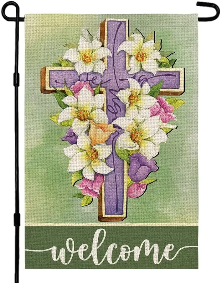 

Easter Welcome Garden Flag He Is Risen 12×18 Inch Double Sided Religious Cross Floral Outside Vertical Holiday Yard Decor