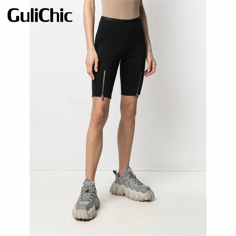 

3.25 GuliChic Sport Casual Zipper Split Hem Design Slim Elastic Waist Knee Length Cycling Leggings Women