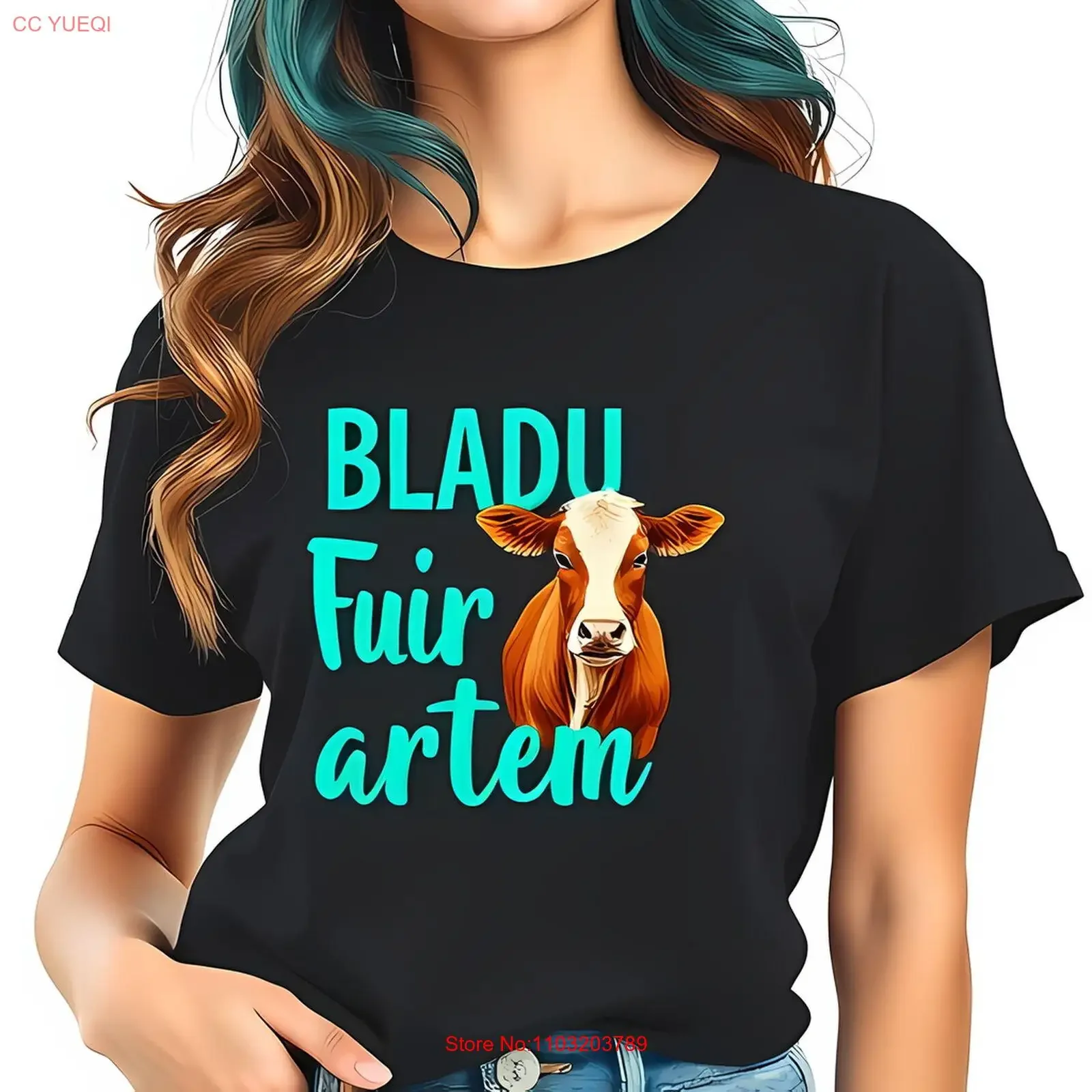 Фото Бирюзовая футболка с BLADU Fui artem and Cow Design Повседневная хлопковая винтажная стираная мягкая футболка для повседневной носки с графикой homme №1