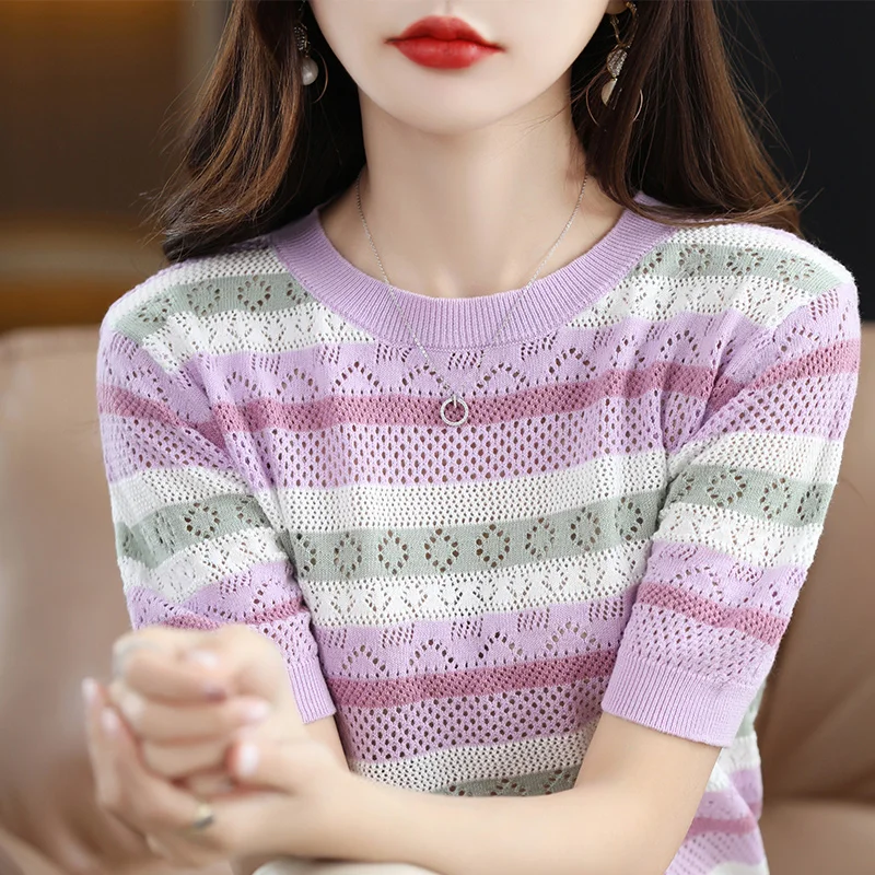 100% Cotton T-Shirt Summer New O Neck Hollow Knit Women's Short Sleeve Sweater Thin Pullover Ladies Top promotion |
