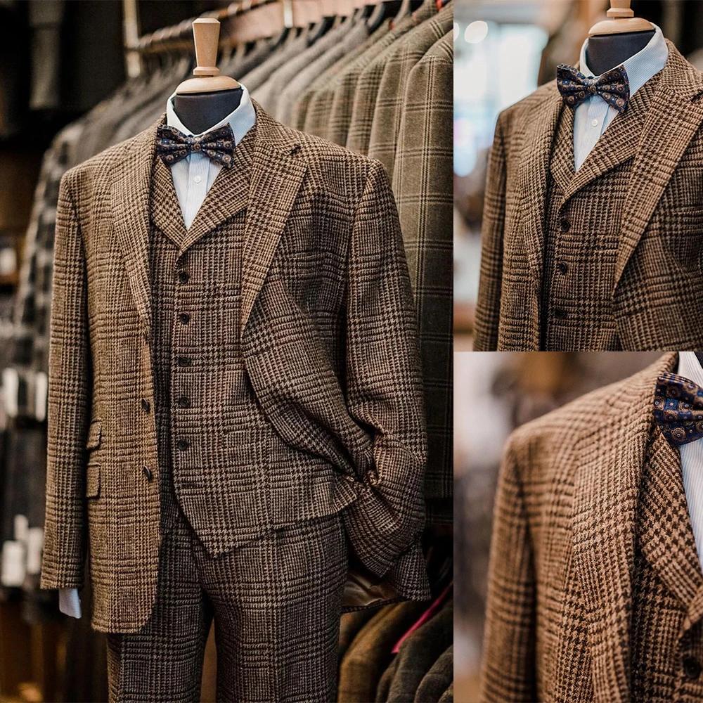 

Men Suit Tailor-Made Brown Plaid 3 Pieces Blazer Vest Pants British Style Gentlemen Wedding Business Causal Prom Tailored