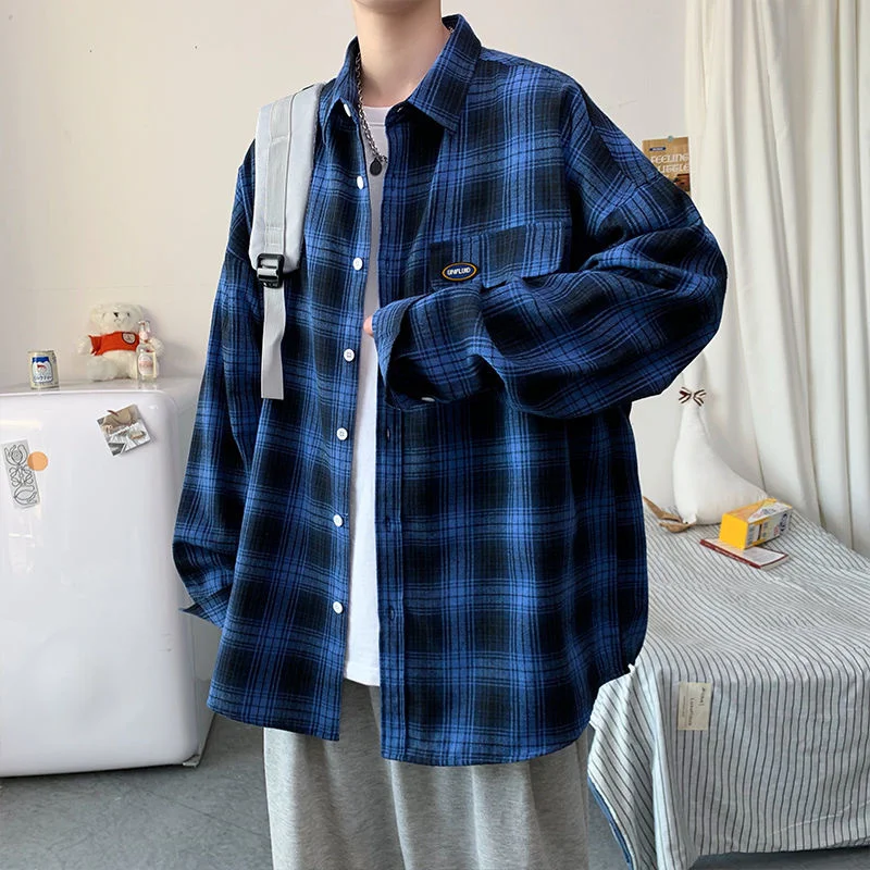 

NoEstaMal Vintage Plaid Casual Shirts For Men Autumn Long Sleeve Loose Male Blouses Turn-down Collar All-match Korean Style Tops