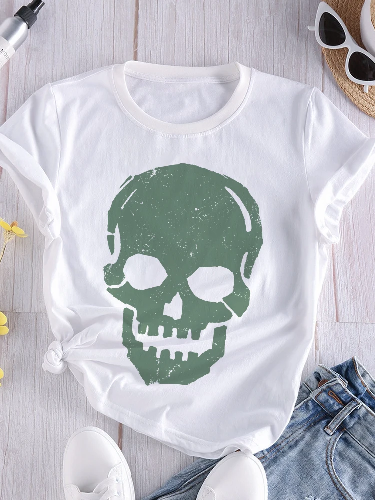 

Summer Harajuku Style Top White Fashion T-shirt Short Sleeve New Women T Shirt Cartoon Skulls Pattern Streetwear Girl Tshirt