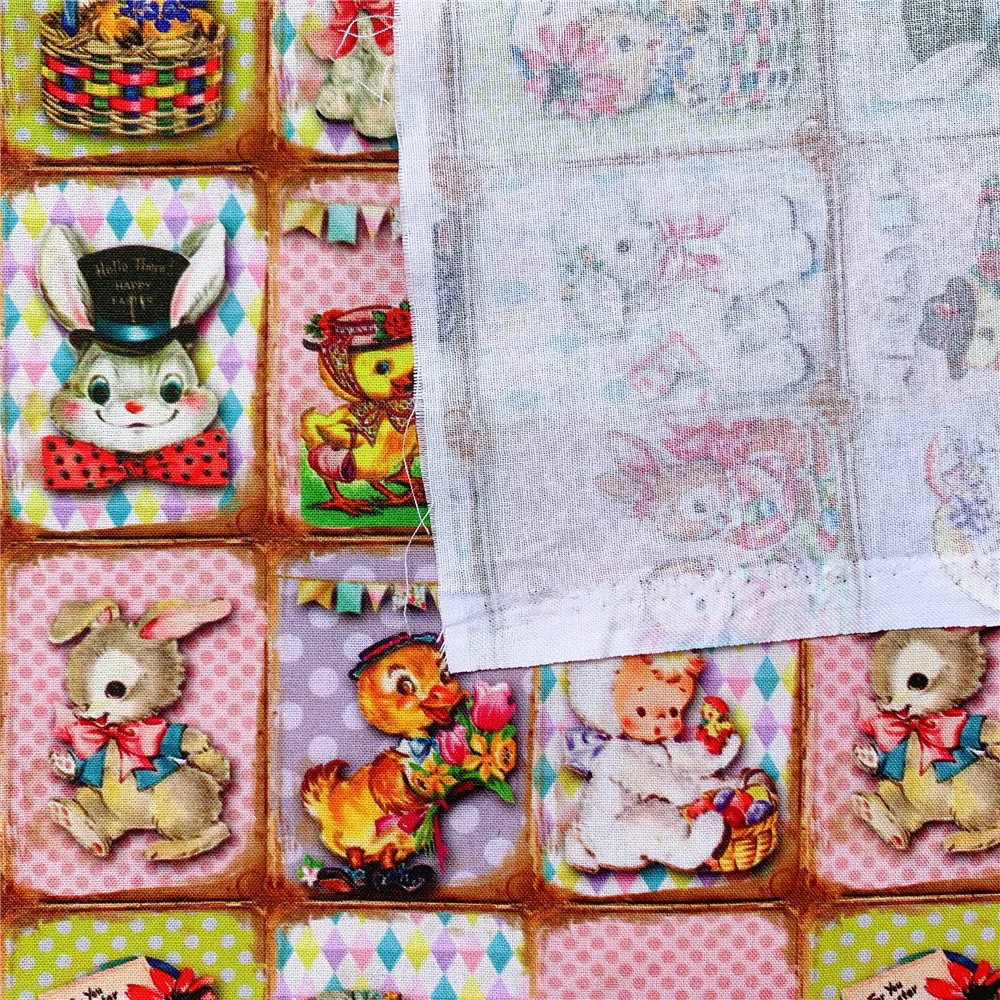 Ткань из хлопка с печатью винтажных животных Утка и Зайчик для шитья, квилтинга, пэчворка, рукоделия, самостоятельного изготовления маски и головных платков.