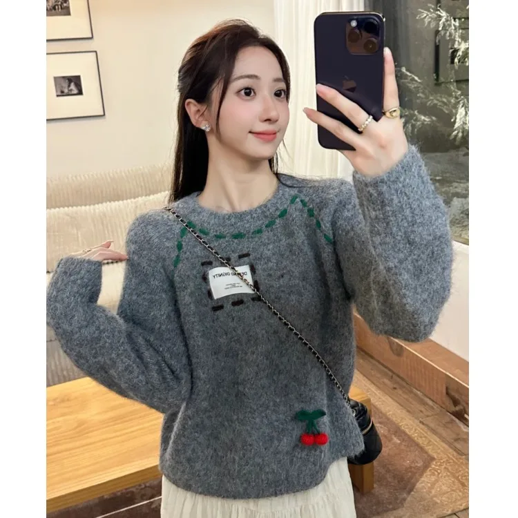 Корейский тривимерный вязаный топ с вишневым дизайном женский зимний новый