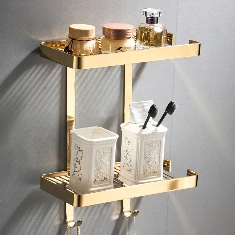 

European-Style Copper Double-Layer Square Basket Bathroom Hardware Pendant Shower Gel Cosmetics Storage Rack
