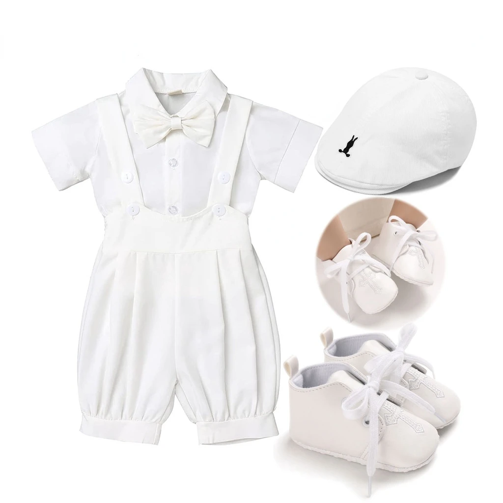 3pcs Set White Baptismal Baby Boy  Girls Overalls with Tops Shoes  Outfit for   Girl  Clothes Newborn