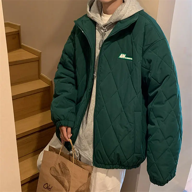 Autumn and Winter New Solid Color Simple Coat Thickened Warm Diamond Korean Version Trend Fashion Casual Cotton Coat