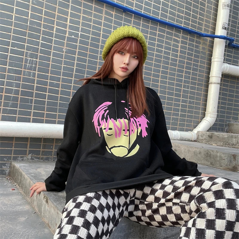 

Корейские женские толстовки с капюшоном с круглым вырезом и длинным рукавом с мультяшным принтом, Женский пуловер в стиле Харадзюку, свитшо...