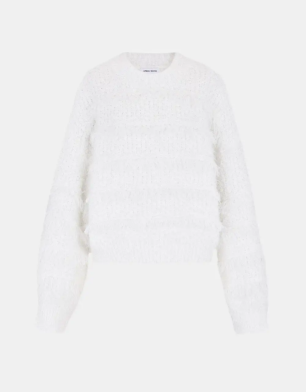 

Crew Neck Fringe Trim Fuzzy Sweater