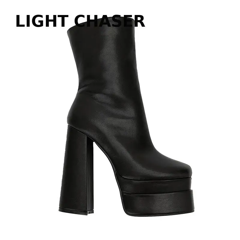 Square Head Thick -heeled Women's Boots Waterproof Table Zipper To Increase Naked Boots Comfortable High Heel Short Boots Female