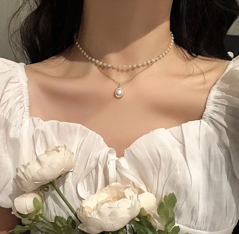 

Net Red Retro ins Simple Double layer Pearl Necklace Feminine Fashion Collar Chain Short Necklace Necklace Jewelry