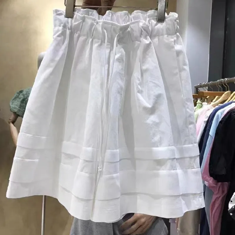 

VANOVICH Korean Style Summer New Simple Elastic High Waist Wide-leg Pants Temperament Folds Cotton Casual Loose Shorts Pants
