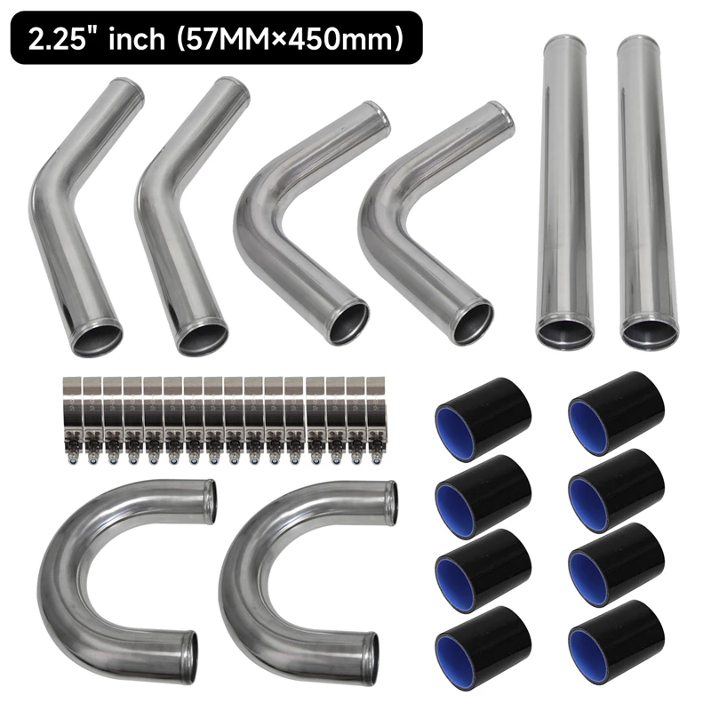

TURBO INTERCOOLER PIPE 2.25" CHROME ALUMINUM PIPING PIPE TUBE+T-CLAMPS+BLUE SILICONE HOSES