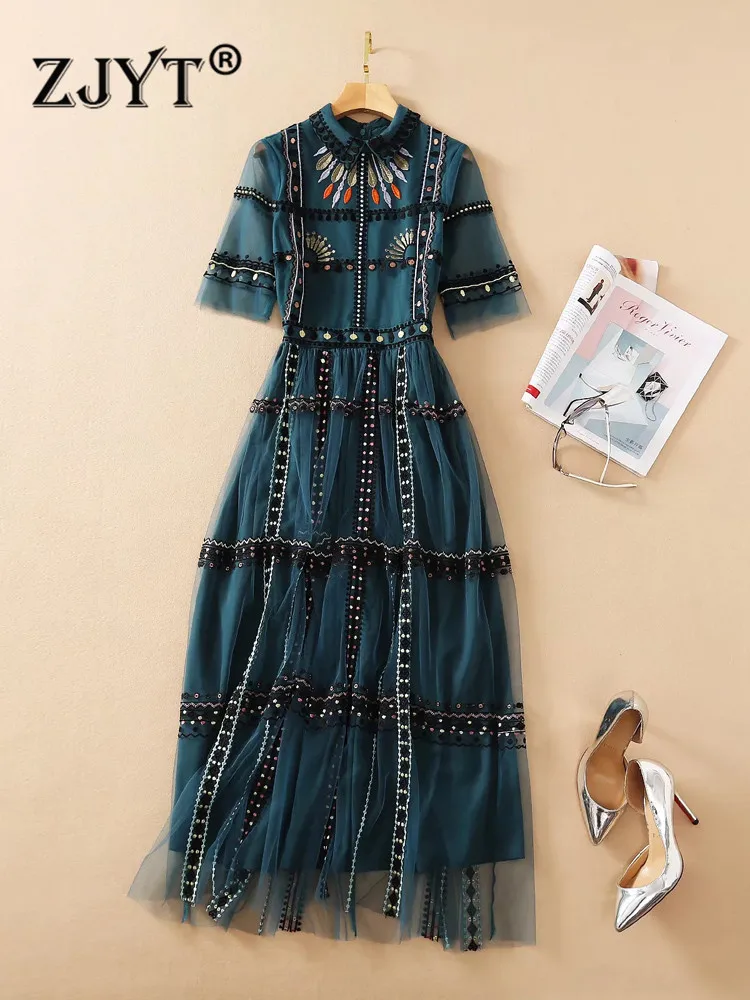 

ZJYT Runway Fashion Summer Luxury Embroidery Mesh Long Dress Women Elegant Short Sleeve Ethnic Vintage Gauze Party Vestidos Lady