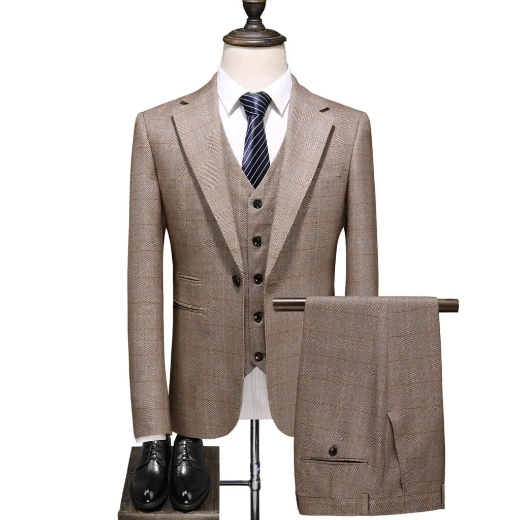 

( Jackets + Vest + Pants ) Boutique Fashion Plaid Yellow Formal Business Men's Suit Luxury Fabric Groom Wedding Dress Tuxedo