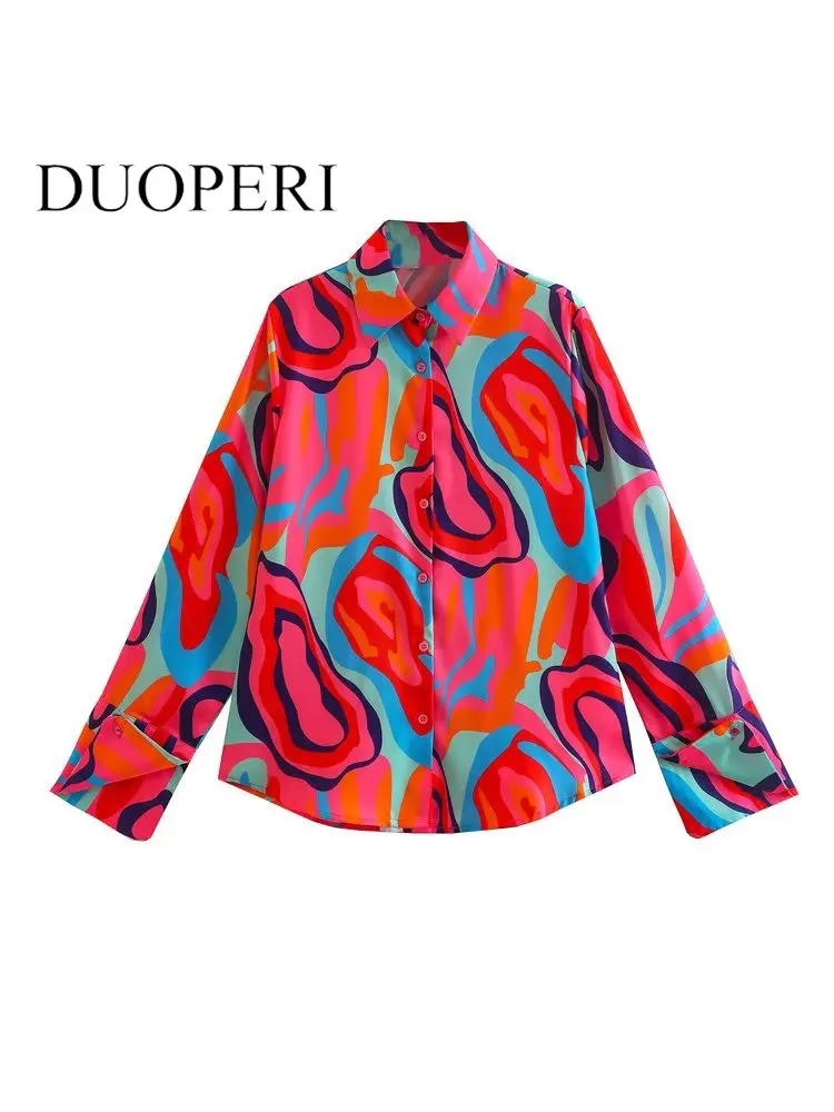 

DUOPERI Women Fashion Printed Single Breasted Blouse Vintage Lapel Neck Long Sleeves Female Chic Lady Shirts