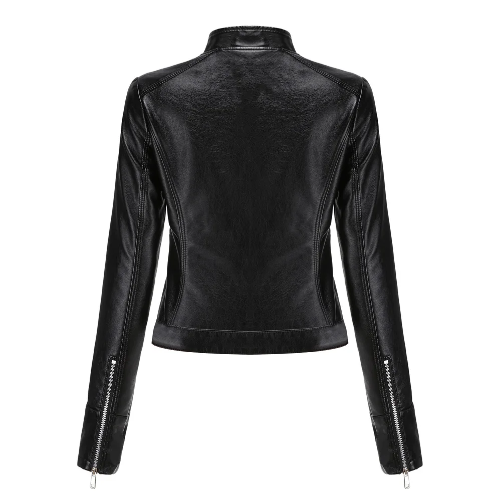 Autumn Women Short Faux PU Jacket Slim Fashion Punk Stand Collar Outwear Slim Motorcycle Biker Leather Jacket Casual Bomber Coat