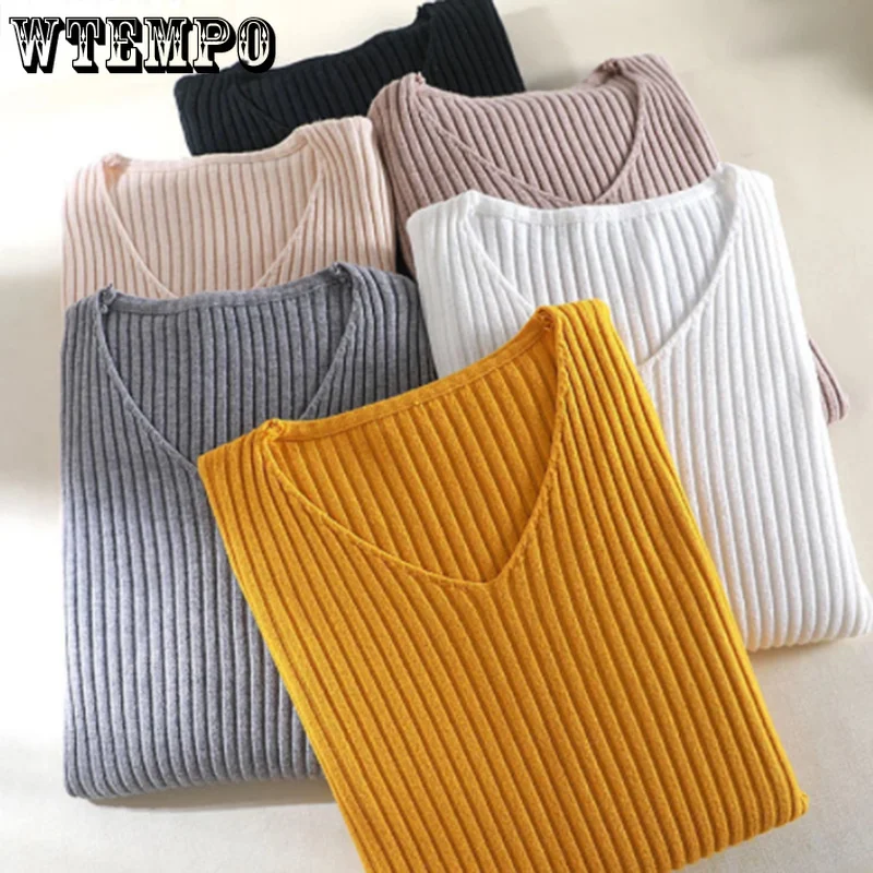 

2022 Basic V-neck Solid Autumn Winter Sweater Pullover Women Female Knitted Sweater Slim Long Sleeve Badycon Sweater Cheap