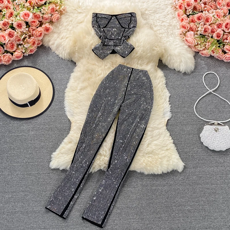 

Sexy Women Shiny Diamonds Party Two Piece Set Slash Neck Off Shoulder Camis Ruffle Crop Tops + High Waist Long Pants Female Suit