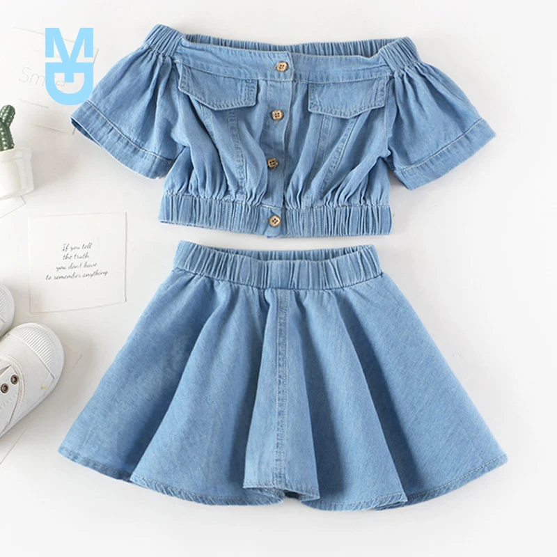 

New Summer Girls' Clothing Sets Korean Princess Bubble Sleeve Top +Lace Stitching Denim Shorts 2PCS Children Baby Kids Clothes