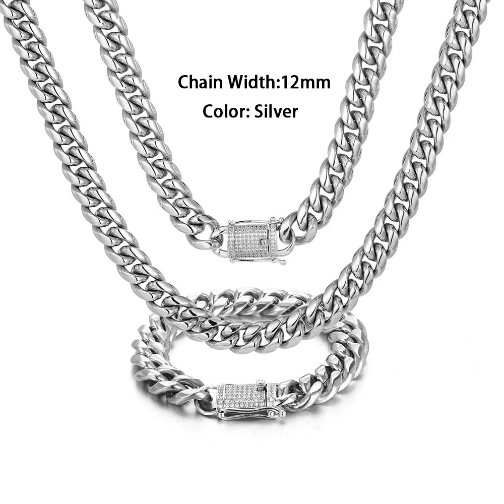 12mm Trendy Jewelry 316L Stainless Steel 18k Gold Plated Miami Cuban Curb Link Chain Men Women Necklace