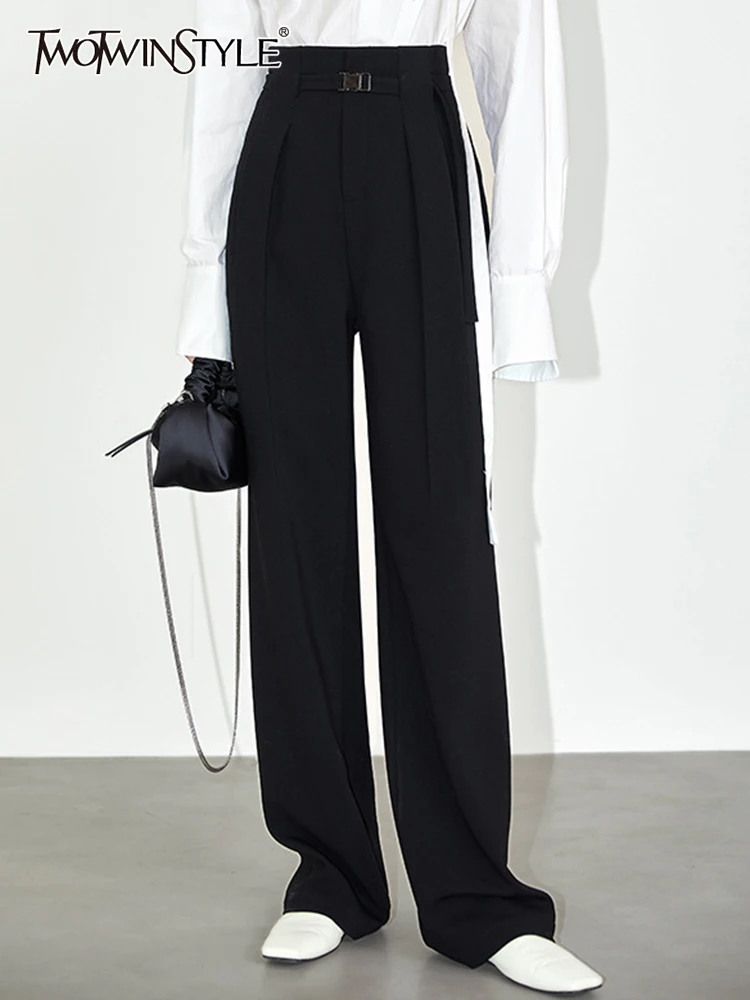 

TWOTWINSTYLE Patchwork Ruched Wide Leg Pants Female High Waist Solid Minimalist Long Trousers For Women Autumn 2022 Clothing New