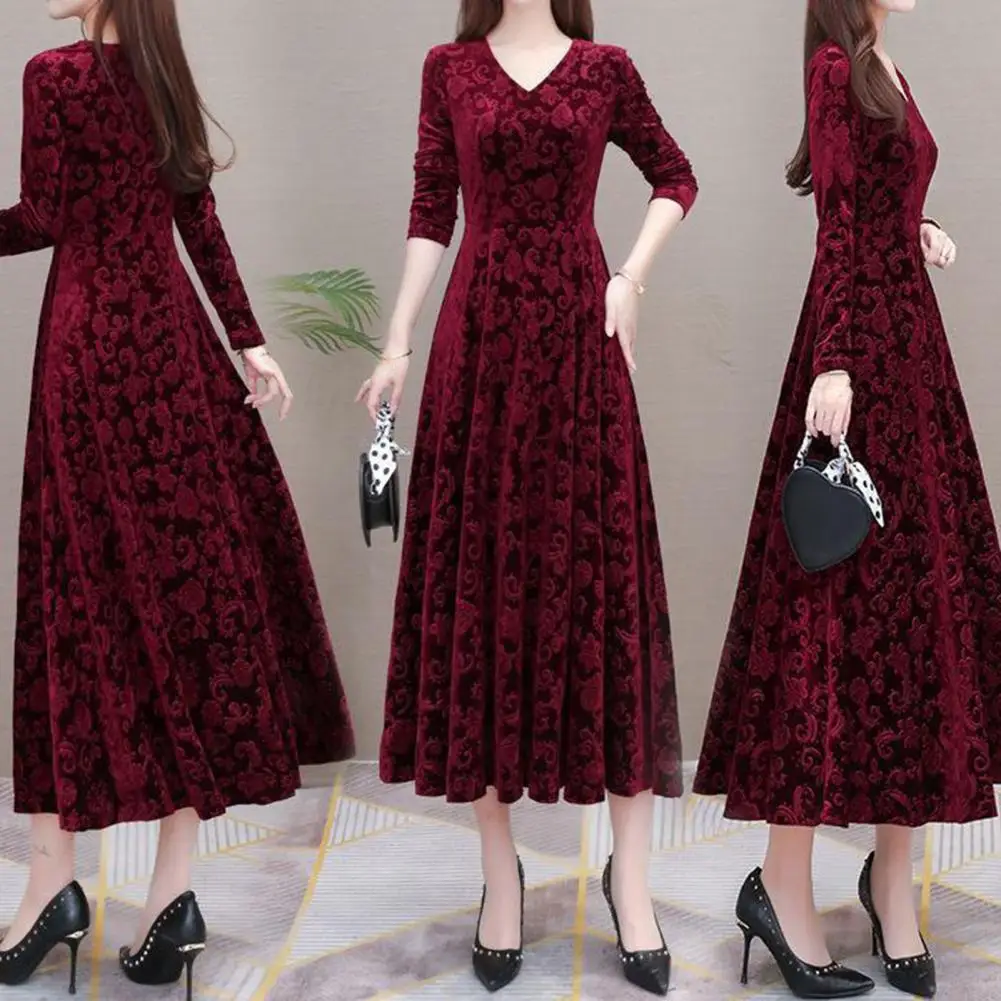 

Шикарное удобное бархатное платье, демисезонное Плиссированное свободное однотонное бархатное платье макси с уникальным узором на подоле