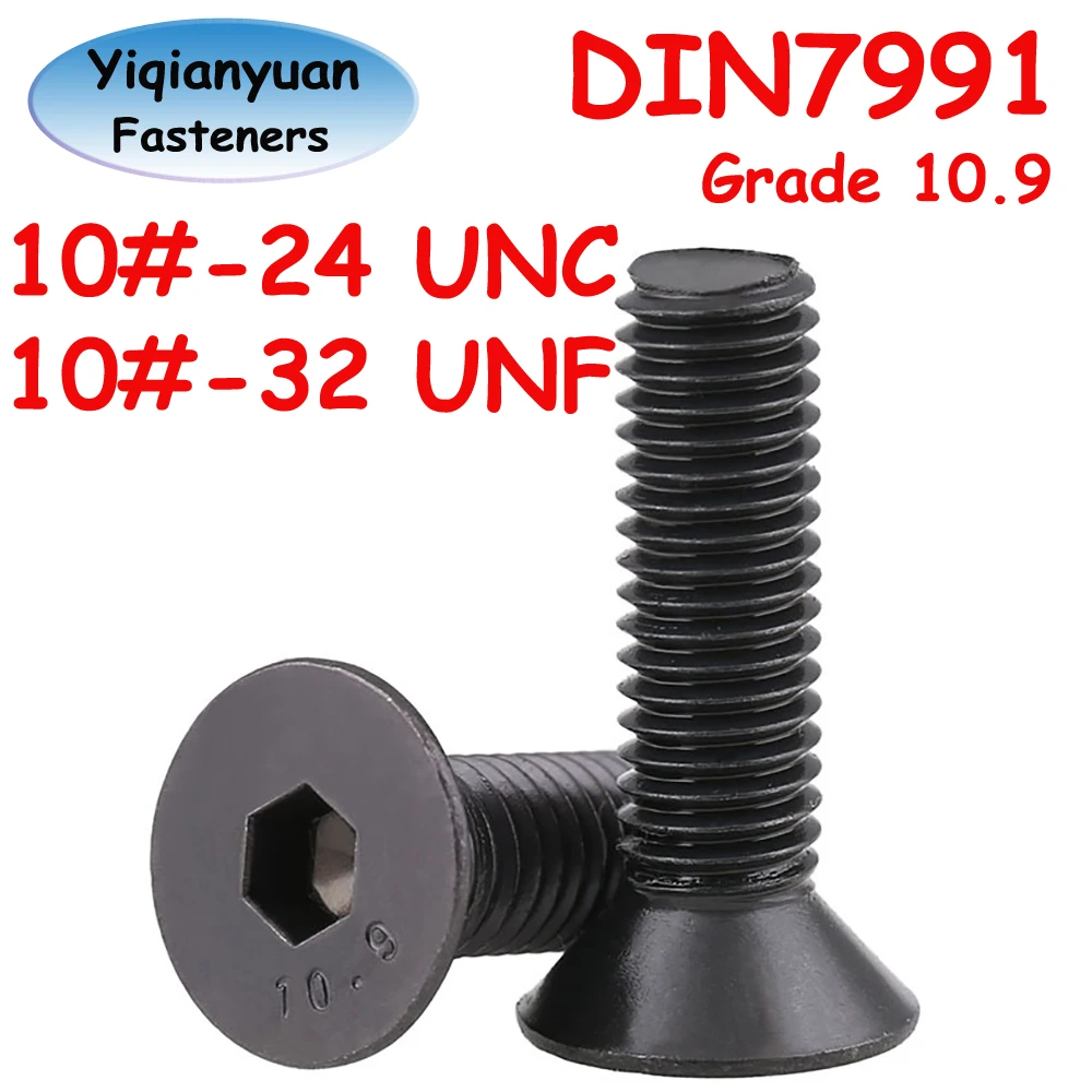 Yiqianyuan DIN7991 Винт с шестигранной головкой и потайной головкой, класс 10,9, легированная сталь, черный шестигранный ключ, плоские болты 10 # -24 UNC 10 # -32 UNF