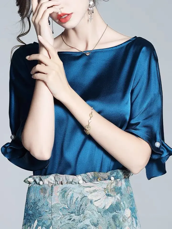 Европейская мода роскошная атласная рубашка с короткими рукавами из ацетата