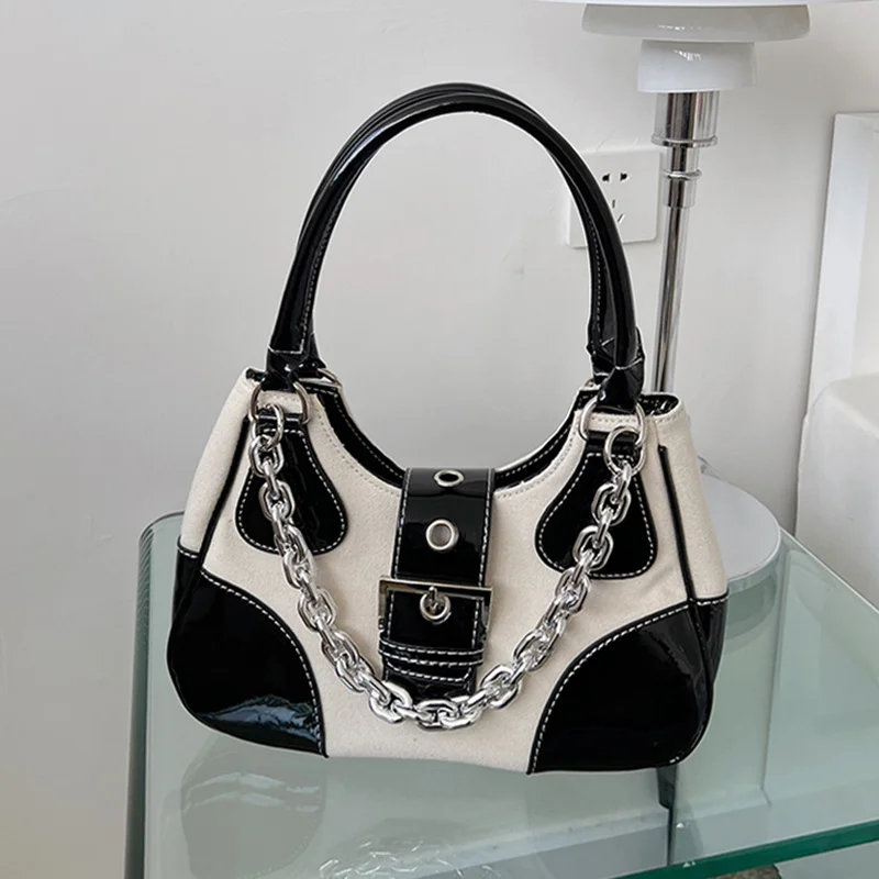 

Retro Sweet Cool Girls Underarm Bag Women's Canvas Pu Tote Purse Handbags Fashion Chain Female Zipper Shoulder Messenger Bag