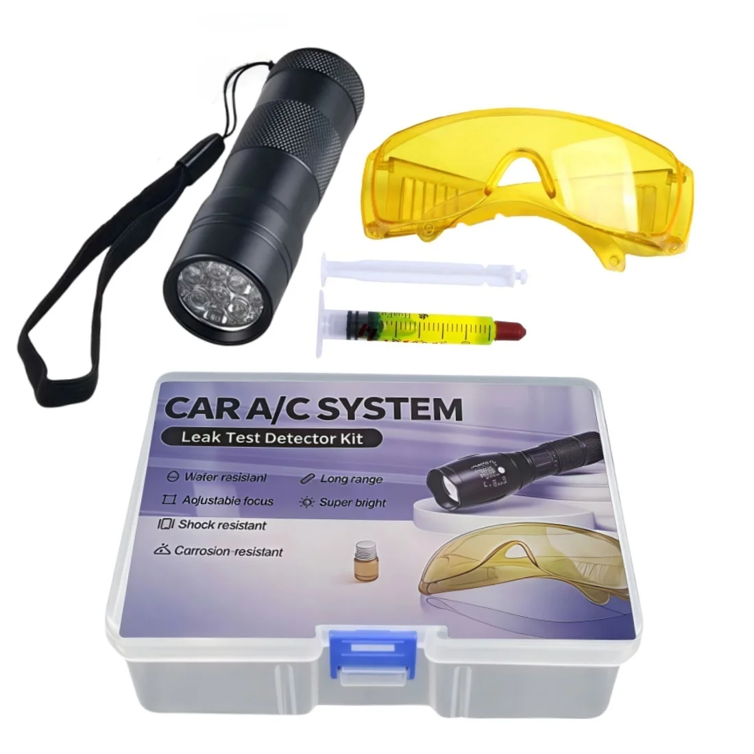 

Автомобильный кондиционер, система кондиционера, комплект детектора теста на утечку, 12 светодиодных УФ-фонариков, защитные очки, набор инструментов для УФ-красителя