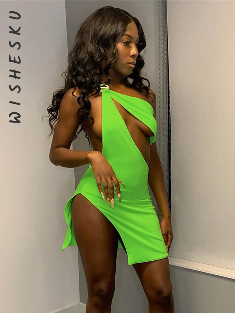 

Sexy Slant Shoulder Sleeveless Split Mini Dress Women Cut Out Backless Slim Dresses 2022 Summer Beach Punk Grunge Clothes