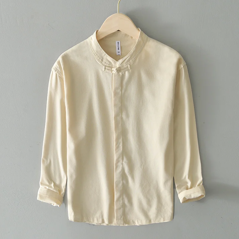 

Рубашка мужская из хлопка и льна, однотонная тонкая льняная блузка с воротником-стойкой и длинными рукавами, весна-лето 2022