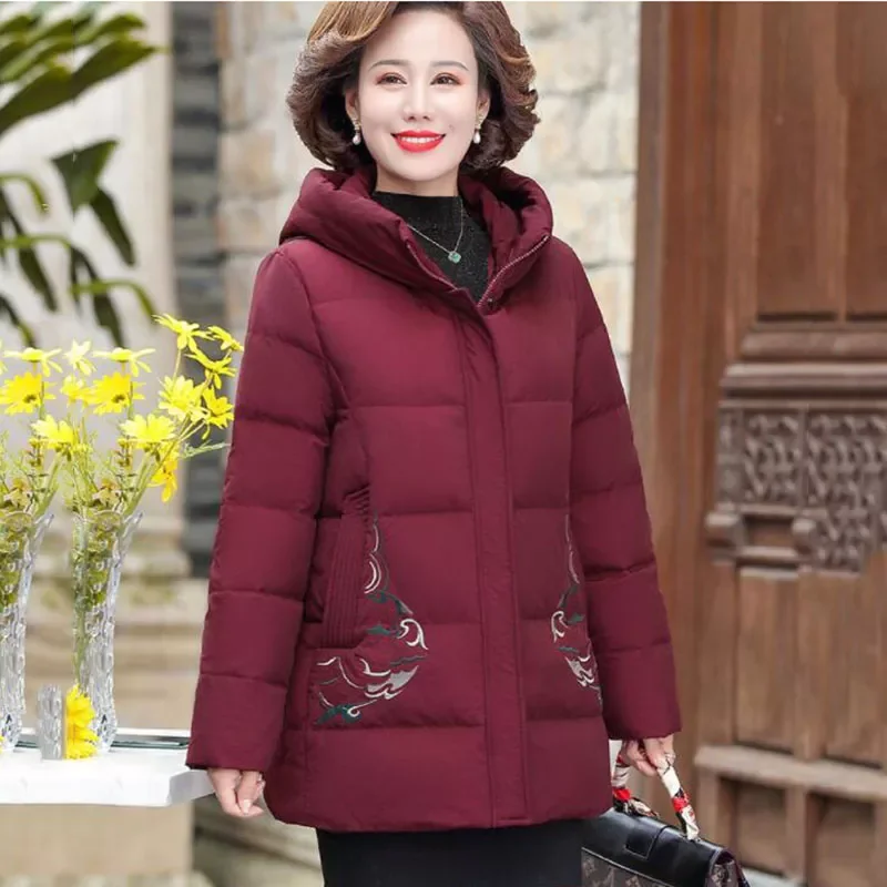 

Middle-Aged Elderly Mothers Autumn Winter New Down Cotton Coat Mid-Length Embroidered AddVelvet Thicken Hooded Ladies Jacket