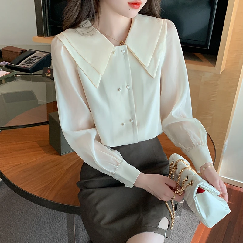 

Шифоновые рубашки, закрывающие живот, женские модные топы с длинным рукавом на весну и осень, модные женские рубашки 2022, летняя элегантная р...