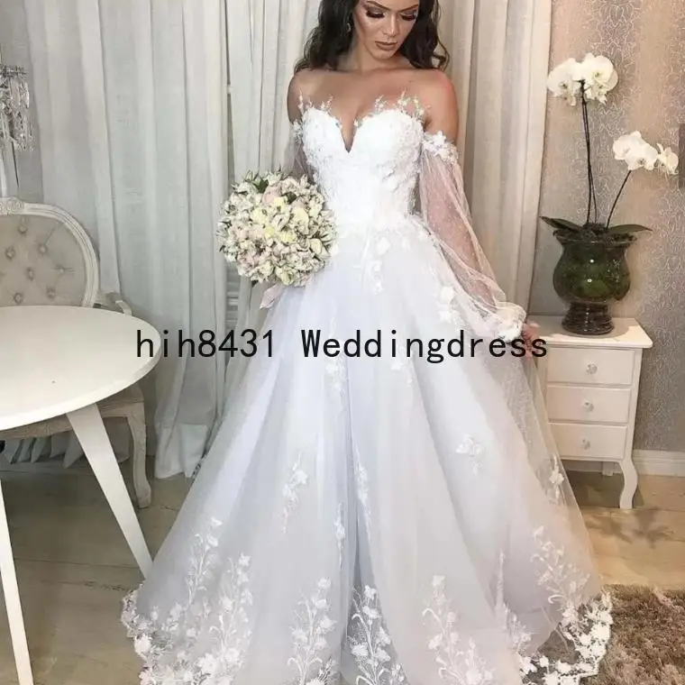 

Wedding Dress Long Sleeve Floor Length Lace Appliques Hand Made Flowers for Women White Tulle Robe De Mariée
