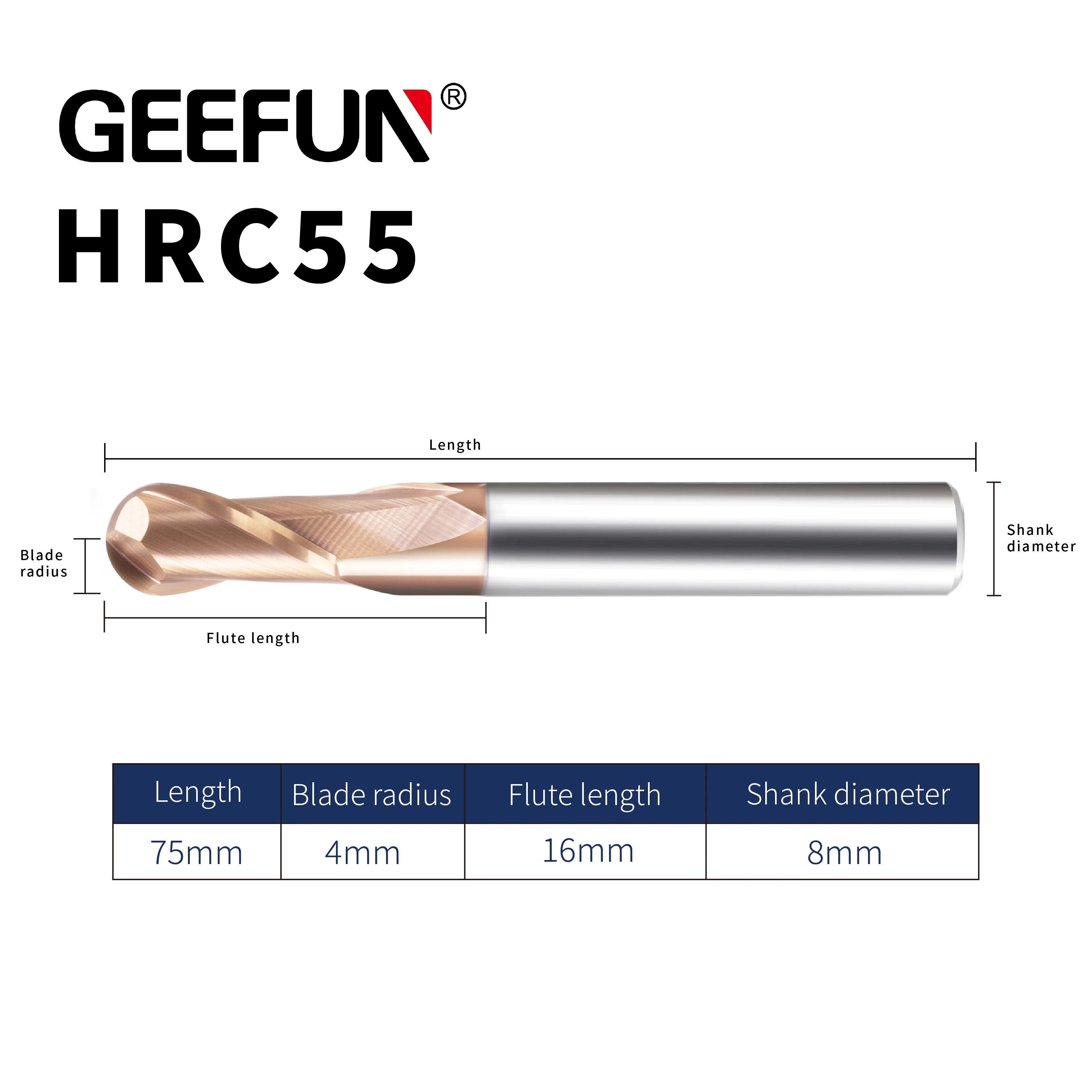 

GEEFUN R4/длина 75 мм, Китай, вольфрамовый карбид, 2 канавки, шариковый нож, концевые фрезы для резки алюминия