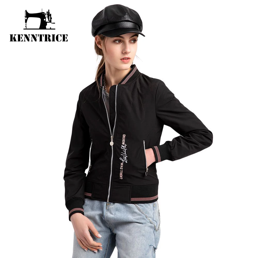 Kenntrice Women Bomber Jacket Spring Autumn Embroidery Long Sleeved Stand Collar Loose Outwear Female Stylish Vintage Thin Coat