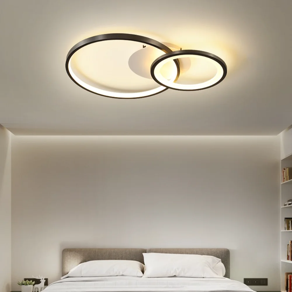 

Minimalist LED Ceiling Light Nordic Black Round Rings Creative Panel Lamps With Remote Control For Bedroom Study Room Indoor